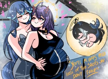 Rule 34 | 3girls, akuma nihmune, bao the whale, bao the whale (1st costume), blue hair, blush, breasts, closed mouth, couple, eye contact, grs-, halo, heart, highres, horns, indie virtual youtuber, large breasts, long hair, looking at another, multiple girls, pregnant, purple hair, science babies, shylily, tail, very long hair, virtual youtuber, yuri