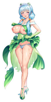 1girl amanaki_ui blue_hair breasts breasts_out clothes_lift commentary_request dress dress_lift elbow_gloves frilled_dress frills full_body gloves green_dress green_shoes half-closed_eyes high_heels highres jewelry large_breasts lifting_own_clothes looking_at_viewer low_twintails necklace nipples official_alternate_costume official_art panties red_eyes second-party_source shoes smile solo taimanin_(series) taimanin_rpgx tiara tongue twintails underwear wet zol