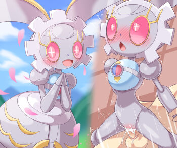 1boy 1girl before_and_after blue_sky blush colored_sclera colored_skin day dot_nose dress feet_out_of_frame gen_7_pokemon grabbing_another&#039;s_arm grey_skin grey_skirt hetero highres interspecies legendary_pokemon looking_at_viewer magearna magearna_(normal) multiple_views mythical_pokemon nintendo open_mouth outdoors penis petite pink_eyes pink_sclera pokemon pokemon_(creature) pokephilia restrained robot_girl rolling_eyes sex sex_from_behind size_difference skirt sky smile testicles uncensored vaginal zerokun135