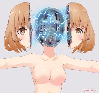 1girl absurdres blunt_bangs breasts brown_eyes brown_hair cleavage commentary_request henkei_shoujo highres mecha medium_breasts nude parted_lips rasen_manga rin_(henkei_shoujo) robot short_hair small_breasts upper_body