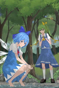 2girls absurdres animal ascot barefoot black_shoes blue_bow blue_dress blue_eyes blue_hair blue_skirt blue_vest bow bush cirno collared_shirt commentary_request daiyousei dappled_sunlight dress fairy fairy_wings foliage forest from_below grass green_eyes green_hair hair_bow hands_up hat highres holding holding_animal holding_frog ice ice_wings in_tree in_water knees looking_down multiple_girls nagato_tsumugu nature open_mouth puffy_sleeves pyonta red_ascot riverbank rock saliva shirt shoes side_ponytail sitting sitting_in_tree skirt smile socks squatting sunlight touhou transparent_wings tree unworn_hat unworn_headwear vest wading white_shirt white_socks white_wings wings worried yellow_ascot yellow_bow