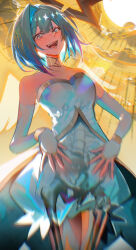 Rule 34 | + +, 1girl, absurdres, alternate costume, amane kanata, bare shoulders, blue hair, bob cut, breasts, bridal gauntlets, colored inner hair, commentary request, crazy eyes, crazy smile, dress, elbow gloves, gloves, grey hair, halo, hand on own stomach, highres, hololive, jewelry, layered dress, looking at viewer, misu (miisuuu), multicolored hair, neck ring, pink hair, puffy dress, purple eyes, short dress, short hair, single hair intake, skeleton, small breasts, smile, solo, star halo, strapless, strapless dress, streaked hair, sun, virtual youtuber, white dress, white gloves