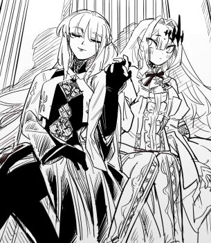 2girls baobhan_sith_(fate) baobhan_sith_(first_ascension)_(fate) black_dress black_gloves blush closed_eyes dress fate/grand_order fate_(series) gloves hair_between_eyes highres holding_hands long_hair monochrome morgan_le_fay_(fate) morgan_le_fay_(queen_of_winter)_(fate) mother_and_daughter multiple_girls pointy_ears ponytail sitting smile tetro_mino361