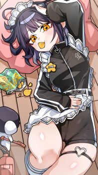 1girl ahoge apron bag_of_chips black_hair black_shorts black_track_suit blunt_bangs blush breasts chips_(food) crotch_seam feet_out_of_frame food food_in_mouth from_above gangzi_(vtuber) hand_on_own_head hand_on_own_stomach heart_belt_buckle high-waist_shorts highres kneehighs long_sleeves looking_at_viewer lying maid_apron maid_headdress medium_breasts medium_hair name_tag on_back on_floor pillow potato_chips sammi_(33ammi) short_shorts shorts skin_tight socks stellive thigh_strap track_suit vacuum_cleaner virtual_youtuber yellow_eyes zipper_pull_tab