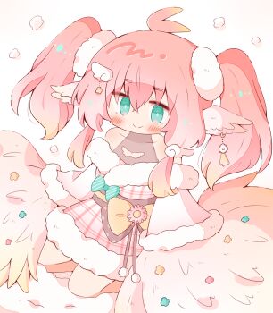 Rule 34 | 1girl, ahoge, ama remomo, bare shoulders, blush, bow, bright pupils, commentary request, dress, feathers, green eyes, hair ornament, harpy, head wings, highres, kneeling, looking at viewer, monster girl, off-shoulder dress, off shoulder, original, pink dress, pink feathers, pink hair, pink wings, simple background, smile, solo, striped bow, twintails, white background, white pupils, wing hair ornament, wings, yellow bow