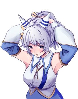 1girl alternate_hairstyle animal_ears armpits bare_shoulders breasts brown_eyes brown_ribbon collared_shirt commentary detached_sleeves ear_covers grey_hair hishi_miracle_(miracle_make-up!)_(umamusume) hishi_miracle_(umamusume) horse_ears horse_girl large_breasts looking_at_viewer medium_hair neck_ribbon pakarappakaratt ponytail ribbon shirt simple_background solo tying_hair umamusume upper_body white_background