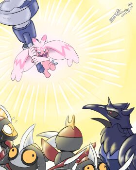 1girl 2022 5others absurdres animal_ears attack bird bisharp colored_skin corviknight dated empty_eyes eyelashes faruway gen_5_pokemon gen_8_pokemon gen_9_pokemon glowing hammer highres holding holding_hammer holding_weapon looking_at_another multiple_others nervous nintendo no_humans pawniard pink_skin pokemon pokemon_(creature) scared sequential smile sparkling_eyes sweat sweatdrop tinkaton weapon