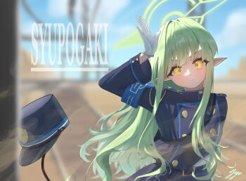 &gt;:( 1girl armband backlighting belt black_belt black_hat black_jacket black_skirt blue_archive blue_armband blue_sky blurry blurry_background blush buttons closed_mouth commentary cowboy_shot day demon_girl demon_tail desert double-breasted eyelashes floating_hair frown gloves green_hair green_halo hair_intakes halo hand_up hat hat_on_tail head_tilt highres hikari_(blue_archive) jacket long_hair long_sleeves looking_at_viewer making_faces no_headwear outdoors peaked_cap pointy_ears railroad_tracks romaji_commentary romaji_text sidelocks signature skirt sky solo tail tareme twoarrow_illust unworn_hat unworn_headwear v-shaped_eyebrows very_long_hair white_gloves wind yellow_eyes yellow_pupils