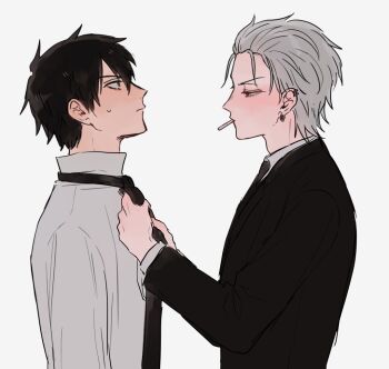 2boys aohitsugi_samatoki arms_at_sides black_hair black_necktie black_suit cigarette collared_shirt ear_piercing earrings formal_clothes from_side green_eyes hair_between_eyes hair_slicked_back half-closed_eyes hoop_earrings hypnosis_mic jacket jewelry light_blush light_frown long_sleeves looking_at_another looking_up loose_hair_strand male_focus mouth_hold multiple_boys multiple_earrings necktie nervous piercing popped_collar profile red_eyes serious shirt short_hair simple_background suit suit_jacket sweatdrop tying_necktie upper_body v-shaped_eyebrows white_background white_shirt yamada_ichiro zy_(dondokodo-mu)