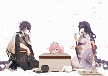 1boy 2girls absurdres aged_down alternate_costume animal_ears blunt_bangs board_game braid brother_and_sister cherry_blossoms chinese_commentary closed_mouth cup dango echomouse elbow_rest falling_petals food fox_ears fox_girl from_side genderswap genderswap_(ftm) genshin_impact hair_between_eyes hair_ornament happy highres japanese_clothes kimono light_blush long_hair looking_down makoto_(genshin_impact) multicolored_hair multiple_girls open_mouth petals pink_hair plate_on_head purple_eyes purple_hair purple_kimono raiden_shogun seiza shade shogi shogi_piece siblings single_braid sitting smile streaked_hair table tea_set teacup teapot twins wagashi white_background yae_miko