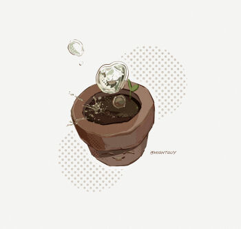 ^_^ artist_name bubble closed_eyes commentary dirt flower_pot flower_pot_(plants_vs._zombies) halftone halftone_background hightguy no_humans plant plants_vs._zombies simple_background smile solo symbol-only_commentary weeds white_background