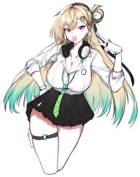 Rule 34 | 1girl, absurdres, aqua necktie, black skirt, blonde hair, blowing bubble gum, blue eyes, blush, breasts, chewing gum, collared shirt, cropped legs, earrings, gyaru, hair between eyes, hair ornament, headphones, headphones around neck, highres, jewelry, large breasts, long hair, looking at viewer, lynae (wuthering waves), mapyarong, miniskirt, multicolored hair, necklace, necktie, purple eyes, shirt, skirt, skull hair ornament, solo, star (symbol), star earrings, streaked hair, thigh strap, thighs, v, white shirt, wuthering waves