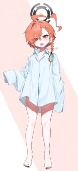 1girl absurdres ahoge black_nails blue_archive braid earrings fang flat_chest hair_ornament hair_tie halo highres huge_ahoge jewelry jjigong_chigon mole mole_under_each_eye mole_under_eye multiple_moles nail_polish naked_shirt neru_(blue_archive) open_mouth orange_hair oversized_clothes oversized_shirt red_eyes shirt short_hair side_braid skin_fang sleeves_past_wrists slit_pupils solo standing toenail_polish toenails twitter_username white_shirt