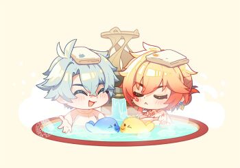 2boys antenna_hair arm_tattoo black_choker blonde_hair blush_stickers braid chest_tattoo chibi chibi_only choker closed_eyes commentary crossed_arms english_commentary facial_tattoo gradient_hair honkai:_star_rail honkai_(series) male_focus medium_hair multicolored_hair multiple_boys mydei_(honkai:_star_rail) parted_bangs partially_submerged phainon_(honkai:_star_rail) red_hair red_tattoo seasonalgold shared_bathing short_hair side_braid steam tattoo towel towel_on_head white_hair