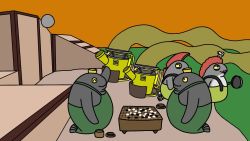 ^_^ animal animal_focus animal_on_head animated big_shot_(splatoon) black_eyes blonde_hair bulging_eyes cannon cannonball closed_eyes closed_mouth colored_sclera crying eye_contact family fish flying_sweatdrops from_side frying_pan full_body go_(board_game) green_overalls half-closed_eyes hand_up hands_up happy headpat heart highres holding holding_frying_pan jumping jupio lipstick looking_at_another looking_down makeup mohawk nintendo no_humans on_head open_mouth orange_sky outdoors overalls pink_lips playing_games profile red_eyes salmon_run_(splatoon) scratching_head short_hair sky smallfry_(splatoon) smile smoke speech_bubble splatoon_(series) spoken_character streaming_tears tears video water waving yellow_overalls yellow_sclera