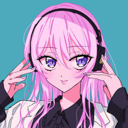 Rule 34 | 1girl, black shirt, blue background, blush, closed mouth, collared shirt, commentary request, hair between eyes, headphones, highres, long hair, long sleeves, looking at viewer, marshall maximizer (cevio), megurine luka, pink hair, project sekai, purple eyes, shirt, simple background, sleeves past wrists, sodapop (iemaki), solo, upper body, variant set, vocaloid