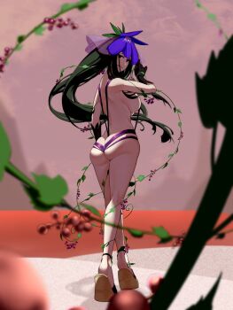 1girl absurdres ass between_buttocks black_gloves breasts butt_crack full_body gloves hi_you_(flying_bear) highres long_hair looking_at_viewer looking_back nude plant smile solo touhou vines yomotsu_hisami