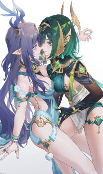 2girls absurdres antlers aqua_dress black_gloves blue_eyes breast_press breasts claws commentary deer_antlers dress face-to-face genshin_impact gloves green_eyes green_hair green_shirt highres horns large_breasts lauma_(genshin_impact) leg_between_thighs mole mole_under_eye multiple_girls nefer_(genshin_impact) pelvic_curtain pointy_ears purple_hair shirt sideless_dress simple_background swkl:d symbol-only_commentary symbol-shaped_pupils symmetrical_docking thighs triangle-shaped_pupils white_background yuri