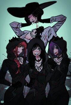 31ulkubo alcina_dimitrescu alcina_dimitrescu_(cosplay) arthropod_limbs bela_dimitrescu bela_dimitrescu_(cosplay) black_flower black_gloves black_hair black_rose blood blood_drip blood_from_mouth blood_on_breasts bloody_tears breasts cassandra_dimitrescu cassandra_dimitrescu_(cosplay) chainsaw_man cleavage closed_eyes commentary corsage cosplay daniela_dimitrescu daniela_dimitrescu_(cosplay) disembodied_head dress earrings english_commentary extra_arms falling_devil_(chainsaw_man) fami_(chainsaw_man) flower gloves hat highres holding_detached_head jewelry large_breasts long_arms long_dress long_hair looking_at_viewer makima_(chainsaw_man) necklace nosebleed pearl_earrings pearl_necklace resident_evil resident_evil_village rose severed_head smile sun_hat white_dress wide_brim yoru_(chainsaw_man)
