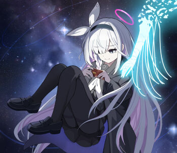 1boy 1girl absurdres bandaged_arm bandages black_coat black_eyes black_footwear black_hairband black_pantyhose black_sailor_collar black_serafuku black_skirt blue_archive braid card closed_mouth coat colored_inner_hair commentary credit_card disembodied_hand disintegration dot_nose floating garados_(limmjiiiminnn99) hair_over_one_eye hairband halo highres holding holding_card loafers long_hair long_sleeves multicolored_hair neckerchief pantyhose phrenapates_(blue_archive) pink_hair pink_halo plana_(blue_archive) red_pupils sad sailor_collar school_uniform serafuku shoes single_braid skirt smile space star_(sky) tearing_up thighband_pantyhose very_long_hair white_hair white_neckerchief