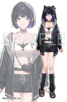 1girl black_choker black_hair black_jacket black_leg_warmers black_nails black_shorts bob_cut choker collarbone commentary_request copyright_name dolustoy glasses jacket leg_warmers meloco_kyoran meloco_kyoran_(3rd_costume) nijisanji nijisanji_en official_art projected_inset purple_eyes purple_streaks red_nails sandals shirt shorts virtual_youtuber white_shirt