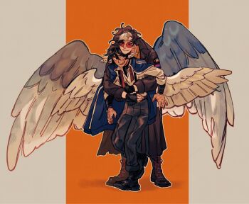 2boys ankle_cuffs bird_wings bisexual_flag bisexual_male black_eyes black_footwear black_gloves black_hair black_pants black_shirt blue_jacket blue_wings boots brown_coat brown_footwear brown_hair coat commission cross cross_necklace cyani07 dream_smp facial_scar feathered_wings fingerless_gloves gloves grey_background grey_eyes height_difference heterochromia highres hug hug_from_behind jacket jacket_on_shoulders jewelry l'manberg_flag leg_up long_coat looking_at_another male_focus minecraft_youtube multicolored_hair multiple_boys necklace necktie open_clothes open_coat orange_background outline pants patchwork_clothes quackity red-tinted_eyewear red_necktie round_eyewear scar scar_across_eye scar_on_cheek scar_on_face scar_on_hand second-party_source shirt smile standing streaked_hair tinted_eyewear turtleneck turtleneck_shirt two-tone_background undone_necktie white_hair white_outline white_shirt white_wings wilbur_soot wing_ears wings wrist_cuffs yaoi yellow_shirt