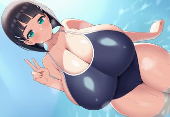 Rule 34 | 1girl, black hair, blue one-piece swimsuit, blunt bangs, blush, bob cut, breasts, cameltoe, cleavage, dutch angle, gigantic breasts, green eyes, hair ornament, hairclip, in water, kirigaya suguha, one-piece swimsuit, outdoors, pool, pyooon pyooon, school swimsuit, short hair, solo, standing, swimsuit, sword art online, thick thighs, thighs, v, wet