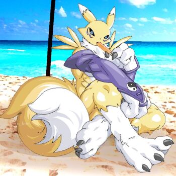 Rule 34 | beach, black sclera, blue eyes, body fur, colored sclera, digimon, digimon (creature), food, full body, guzu kuo, holding, holding food, holding popsicle, kitsune, ocean, popsicle, renamon, sand, sitting, solo, yellow fur