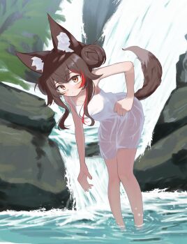 animal_ear_fluff animal_ears black_hair commentary dress highres hololive long_hair looking_at_viewer multicolored_eyes multicolored_hair ookami_mio red_hair river shino2121 tail untranslatable_commentary virtual_youtuber wet wet_clothes wet_dress white_dress wolf_ears wolf_girl wolf_tail