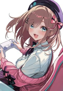 1girl :3 :d beret black_hat blue_eyes blush bow brown_hair cardigan center_frills chair commentary controller dualshock frills game_controller gamepad gaming_chair hair_bow hair_ornament hat highres holding holding_controller looking_at_viewer medium_hair nijisanji open_mouth pink_bow pink_cardigan playstation_controller sa-ya2 shirt smile solo suzuhara_lulu suzuhara_lulu_(1st_costume) swivel_chair symbol-only_commentary virtual_youtuber white_shirt x_hair_ornament