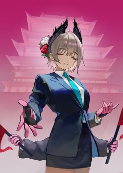 1girl absurdres alternate_costume aqua_necktie arknights black_gloves black_jacket black_skirt black_suit black_wings closed_eyes closed_mouth collared_shirt commentary commission cowboy_shot extra_arms flag flower formal_clothes gloves grey_hair hair_between_eyes hair_flower hair_ornament head_wings highres holding holding_flag jacket long_sleeves multicolored_gloves nbee_ya necktie pink_gloves raidian_(arknights) shirt short_hair skirt skirt_suit solo suit suit_jacket two-tone_gloves white_flower white_shirt wings