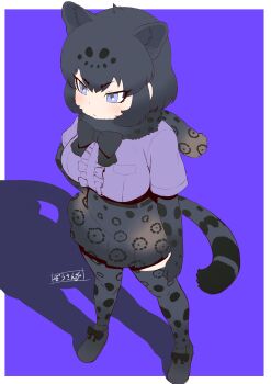 1girl absurdres animal_ears animal_print black_hair black_jaguar_(kemono_friends) blue_eyes blush bow bowtie breasts elbow_gloves extra_ears fur_collar fur_scarf gloves highres jaguar_ears jaguar_girl jaguar_tail kemono_friends large_breasts leopard_print masuyama_ryou multicolored_hair print_gloves print_skirt print_thighhighs shirt short_hair short_sleeves skirt solo tail thighhighs
