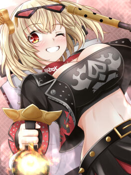 Rule 34 | 1girl, black skirt, blonde hair, blush, breasts, burnice white, cleavage, clenched teeth, commentary request, eyewear on head, flamethrower, grin, highres, holding, holding flamethrower, holding weapon, large breasts, looking at viewer, midriff, navel, nyabe, one eye closed, red eyes, short hair, skirt, smile, solo, sunglasses, teeth, twintails, weapon, zenless zone zero