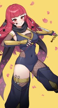 1girl absurdres asymmetrical_legwear black_scarf bodystocking breasts cleavage commission commissioner_upload facial_mark fire_emblem fire_emblem_engage fire_emblem_heroes fishnet_bodystocking fishnet_thighhighs fishnets gradient_scarf grin highres iffyru japanese_clothes large_breasts long_hair ninja nintendo non-web_source official_alternate_costume red_eyes red_hair scarf shuriken_hair_ornament skindentation smile solo star_(symbol) star_facial_mark thick_thighs thighhighs thighs vgen_commission yellow_background yunaka_(fire_emblem) yunaka_(stealthy_imitator)_(fire_emblem)