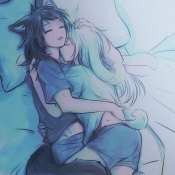2girls animal_ears bang_dream! bang_dream!_it&#039;s_mygo!!!!! black_hair black_shirt blue_shorts blush closed_eyes commentary cuddling fang green_shirt highres holding_own_arm hug kemonomimi_mode long_hair multiple_girls open_mouth pillow rabbit_ears rabbit_girl rabbit_tail shirt shorts symbol-only_commentary tail wakaba_mutsumi wolf_ears wolf_girl wolf_tail yahata_umiri yakaze_(yakaze1604) yuri