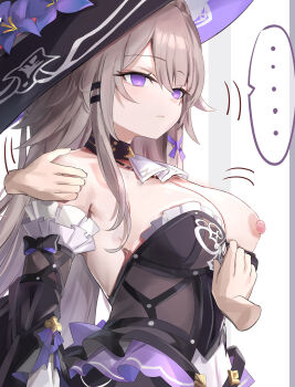 ... 1girl 2boys ascot black_choker black_dress black_hat breasts choker clothes_pull commentary_request detached_sleeves dress dress_pull expressionless flower grabbing_another's_breast grey_hair groping hat hat_flower herta_(honkai:_star_rail) highres honkai:_star_rail honkai_(series) jewelry key key_necklace long_hair medium_breasts multiple_boys necklace nipples purple_eyes purple_flower solo_focus spoken_ellipsis strapless strapless_dress the_herta_(honkai:_star_rail) tomas_(kaosu22) white_ascot witch_hat