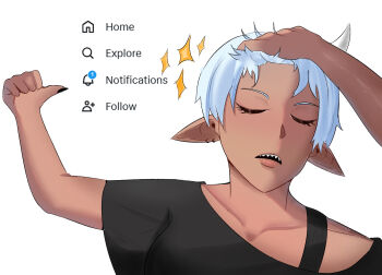 1girl black_nails closed_eyes commentary earrings english_commentary eyelashes fingernails horns jewelry lilith(sadxkingart) meme original parted_lips pointy_ears sadxkingart sharp_fingernails sharp_teeth short_hair solo tan teeth white_hair