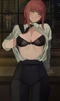 1boy 1girl aroused_nosebleed black_bra black_necktie black_pants blood blush bra breasts building chainsaw_man closed_mouth collared_shirt commentary desk dress_shirt english_commentary foreshortening hayakawa_aki high-waist_pants highres jourd4n large_breasts looking_at_viewer makima_(chainsaw_man) necktie night nosebleed open_clothes open_shirt pants red_hair ringed_eyes shirt shirt_tucked_in skyscraper smirk underwear white_shirt window