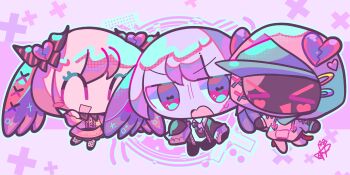 Rule 34 | > <, 1boy, 1girl, :d, absurdres, annoyed, black jacket, black necktie, black pants, black shoes, black skin, blue outline, brother and sister, buttons, center frills, character request, chibi, chibi only, collared shirt, colored skin, commentary, cross-laced clothes, cross-laced sleeves, double-parted bangs, drawstring, facial mark, facing another, fishnet pantyhose, fishnets, frills, frown, full body, grey hat, hair between eyes, hair ornament, hairclip, halftone, hand on own cheek, hand on own face, hat, head wings, heart, heart-shaped pupils, heart button, heart facial mark, heart hair ornament, highres, hood, hood up, hoodie, jacket, jitome, long sleeves, looking at another, miniskirt, necktie, open clothes, open jacket, open mouth, original, outline, pants, pantyhose, pink background, pink eyes, pink hoodie, pink shirt, pink skin, pink skirt, pink wings, pocket, ppynutbutter, puffy long sleeves, puffy sleeves, purple skin, purple wings, shinde-chan, shirt, shoes, siblings, simple background, skirt, sleeves past fingers, sleeves past wrists, smile, standing, standing on one leg, symbol-only commentary, symbol-shaped pupils, tie clip, v-shaped eyebrows, white shirt, wings, x hair ornament, yande-kun