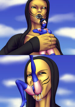 2girls ass breasts cleavage day giant giantess highres kicking kitana legs leotard long_hair mask midway midway_games mortal_kombat_(series) multiple_girls neonatos64 ninja open_mouth struggling thighs vore