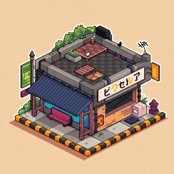 bench brick_wall building bush commentary english_commentary ficopx fire_hydrant flower foliage highres isometric no_humans original outline pixel_art scenery storefront table tile_floor tiles translation_request white_outline wooden_bench