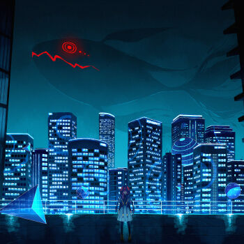 1girl animal building city cityscape commentary fish gensuke_(ryun) highres hood hood_up kaf_(kamitsubaki_studio) kamitsubaki_studio laplace_(kamitsubaki_studio) long_sleeves looking_at_viewer monster night oversized_animal railing shapes skirt solo standing straight-on surreal virtual_youtuber white_skirt wide_shot
