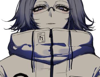 1boy aotsuki_eito downturned_eyes drawstring eyelashes glasses grey_hair jacket looking_at_viewer male_focus parted_lips purple_eyes r314dor short_hair simple_background solo the_hundred_line_-last_defense_academy- upper_body white_background white_jacket zipper_pull_tab