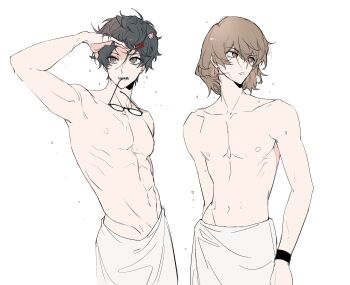 Rule 34 | 2boys, abs, akechi gorou, amamiya ren, arm up, black-framed eyewear, black hair, brown eyes, brown hair, collarbone, commentary, cowboy shot, eyewear in mouth, glasses, grey eyes, groin, hair ornament, hairclip, highres, looking to the side, male focus, metoerwarrior, mouth hold, multiple boys, naked towel, navel, nipples, parted lips, pectorals, persona, persona 5, short hair, simple background, symbol-only commentary, toned, toned male, towel, wet, wet hair, white background, wristband