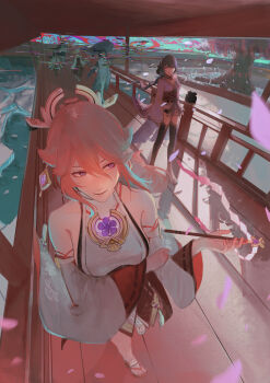 1boy 5girls absurdres animal_ear_piercing animal_ears bare_shoulders bird_boy black_thighhighs blunt_bangs braid cherry_blossoms chiyo_(genshin_impact) closed_mouth collarbone commentary_request detached_sleeves faceless faceless_female faceless_male falling_petals fox_ears fox_girl friends from_above from_side genshin_impact glitch hair_between_eyes hair_ornament headpiece highres holding holding_umbrella hyakuokumen japanese_clothes jewelry kimono kitsune_saiguu long_braid long_hair long_sleeves looking_to_the_side makoto_(genshin_impact) motion_blur multiple_girls neck_ribbon nontraditional_miko oil-paper_umbrella outdoors parted_lips pendant petals pink_hair pink_petals purple_eyes purple_hair purple_kimono raiden_shogun red_ribbon red_sash ribbon sasayuri_(genshin_impact) sash shade shadow single_braid smile standing thighhighs tree umbrella walking water wide_sleeves yae_miko