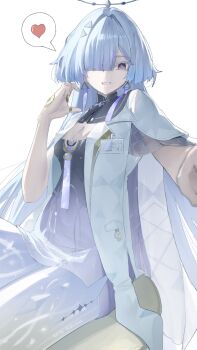 1girl artist_name breasts cleavage colored_eyelashes commentary dress earrings grey_hair hair_ornament hair_over_one_eye halo hand_up heart highres id_card jacket jewelry long_hair looking_at_viewer medium_breasts mornye_(wuthering_waves) open_mouth purple_dress purple_eyes rakizuuu see-through_body simple_background sitting solo spoken_heart symbol-only_commentary tacet_mark_(wuthering_waves) triangle_earrings very_long_hair white_background white_jacket wuthering_waves