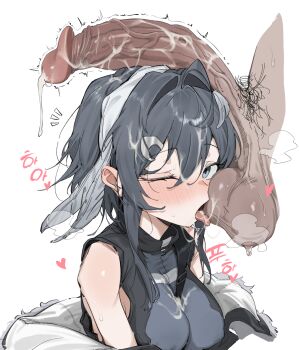 1boy 1girl absurdres arknights bare_shoulders black_hair blush breasts cum cum_on_body cum_on_breasts cum_on_hair cum_on_upper_body erection hair_between_eyes heart hetero highres la_pluma_(arknights) large_breasts licking licking_testicle looking_at_viewer one_eye_closed open_mouth oral penis penis_on_head saliva saliva_trail simple_background solo_focus su_reut testicles tongue tongue_out uncensored white_background