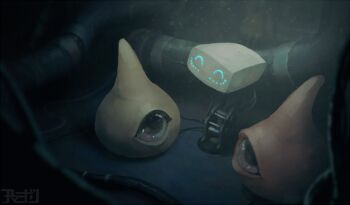 3others ^_^ amamidori aqua_eyes artist_name blurry blurry_foreground closed_eyes colored_skin commentary dark english_commentary glowing glowing_eyes horns light_particles looking_at_viewer multiple_others muted_color no_humans one-eyed orange_skin robot science_fiction scp-1167 scp-131 scp_foundation single_horn wire yellow_skin