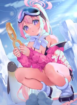 1girl :o absurdres bare_legs bare_shoulders bikini bird black_bikini blue_archive blush breasts breath closed_mouth crampons eimi_(blue_archive) eimi_(swimsuit)_(blue_archive) full_body glacier goggles goggles_on_head halo highres jacket jacket_on_shoulders looking_at_viewer official_alternate_costume outdoors padded_jacket penguin pink_hair pink_halo pink_jacket ponytail scarf sidelocks ski_goggles snow_duck snowball_scooper snowman solo squatting swimsuit white_scarf yu1_na12