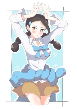 Rule 34 | 1girl, :o, absurdres, arms up, black hair, blue background, blue ribbon, blue sweater, blush, border, braid, breasts, brown eyes, brown skirt, candice (pokemon), clothes around waist, cowboy shot, female focus, gym leader, hair ornament, hairclip, highres, long hair, looking at viewer, medium breasts, miniskirt, nintendo, outline, pokemon, pokemon dppt, ribbon, shirt, simple background, skirt, solo, standing, sweater, sweater around waist, twin braids, twintails, white shirt, yuki nagisaa
